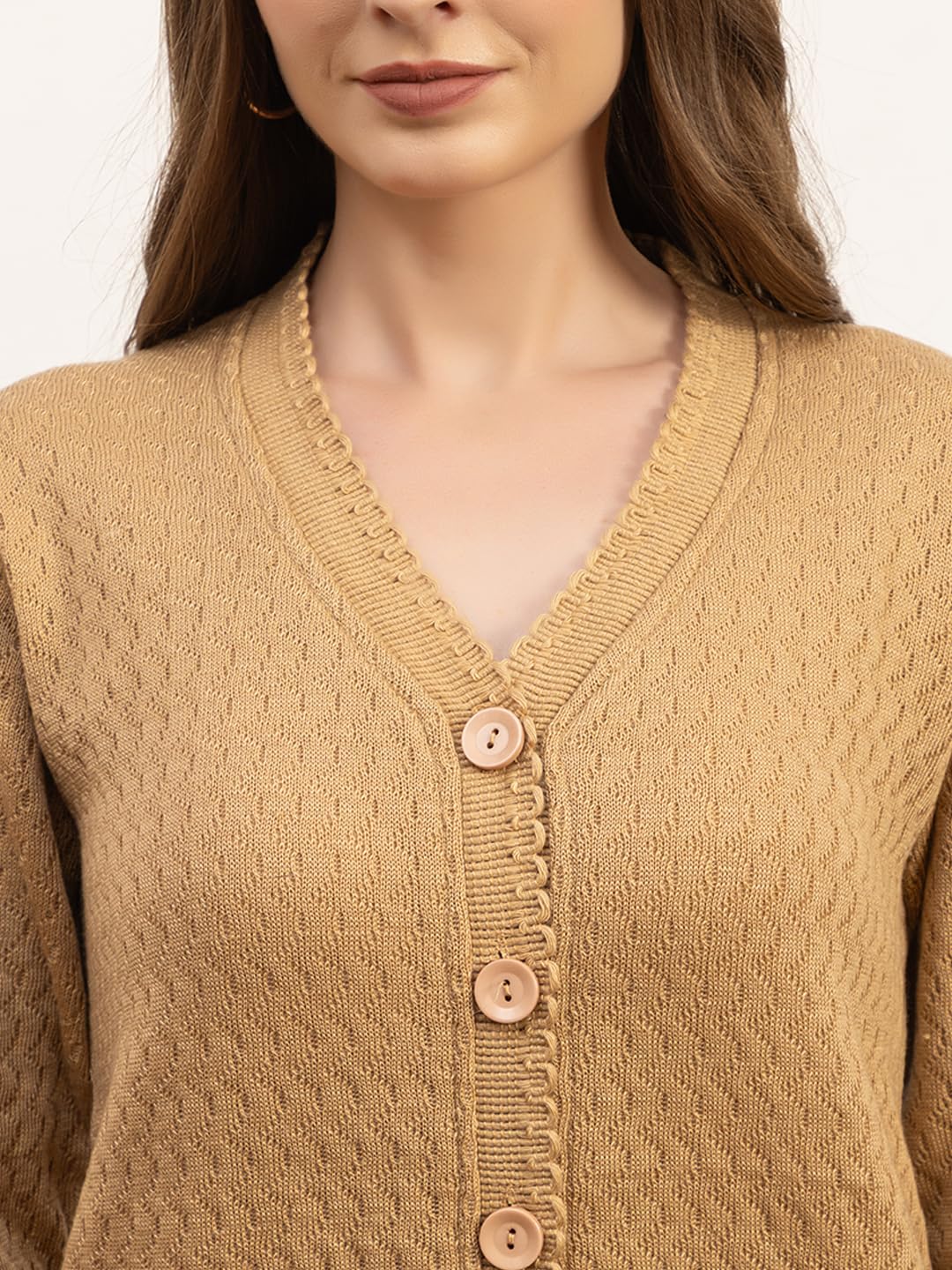 Dadu Dayal Women’s Acrylic Wool V-Neck Cardigan | Lightweight Scallop Border Buttoned Sweater | Winterwear for Women for Office, Travel, Casual Outfits | Stylish Slim Fit