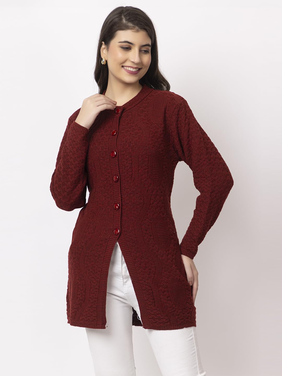 DADU DAYAL Women's Woolen Long Cardigan - Waves Pattern Winter Coat, Warm & Stylish Knitwear