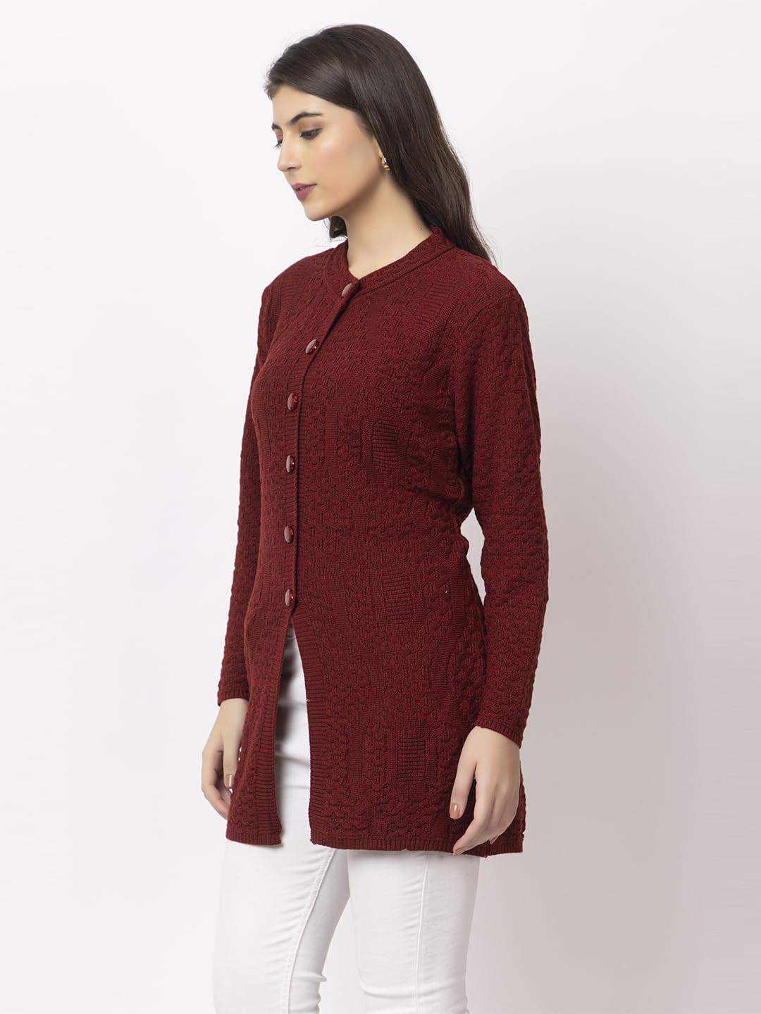 DADU DAYAL Women's Woolen Long Cardigan - Waves Pattern Winter Coat, Warm & Stylish Knitwear