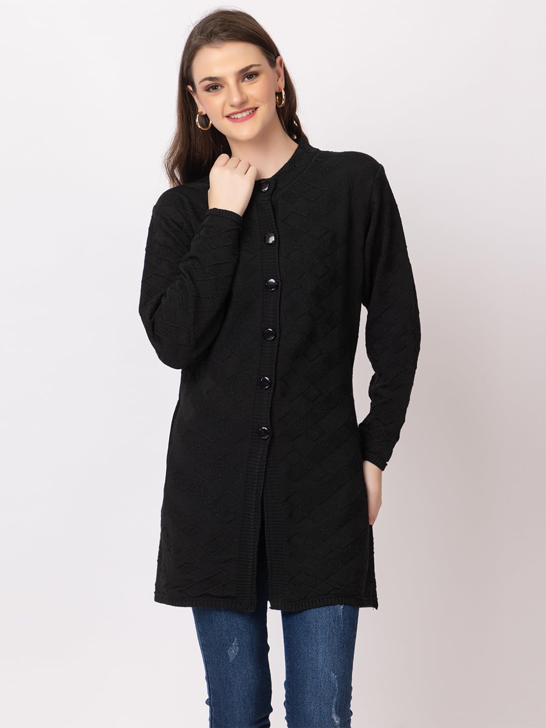 DADU DAYAL Women's Woolen Long Cardigan - Boxes Pattern Winter Coat, Warm & Stylish Knitwear