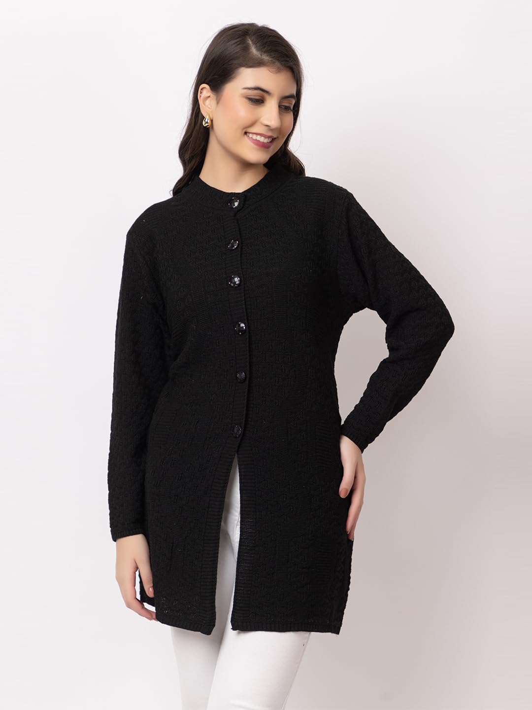 DADU DAYAL Women's Woolen Long Cardigan - Waves Pattern Winter Coat, Warm & Stylish Knitwear
