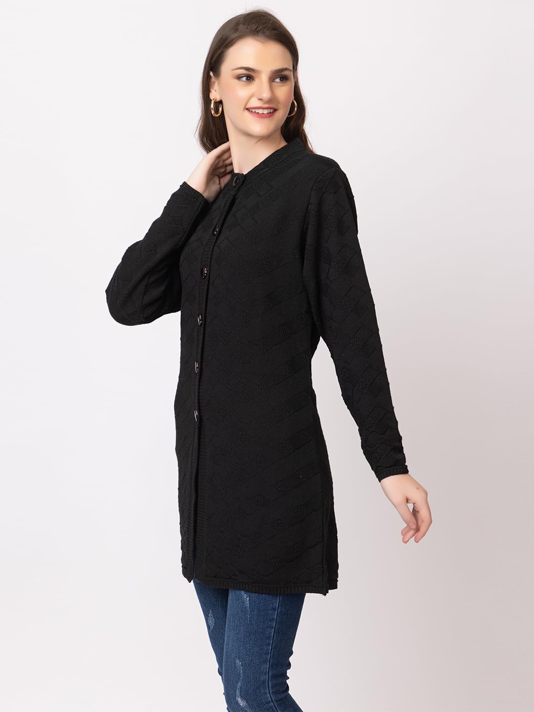 DADU DAYAL Women's Woolen Long Cardigan - Boxes Pattern Winter Coat, Warm & Stylish Knitwear