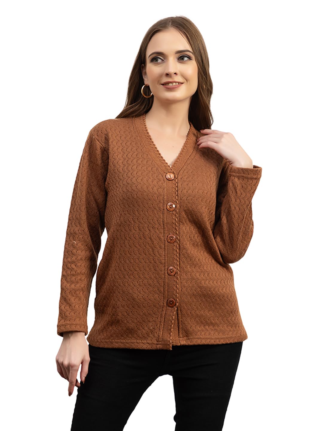 Dadu Dayal Women’s Acrylic Wool V-Neck Cardigan | Lightweight Scallop Border Buttoned Sweater | Winterwear for Women for Office, Travel, Casual Outfits | Stylish Slim Fit