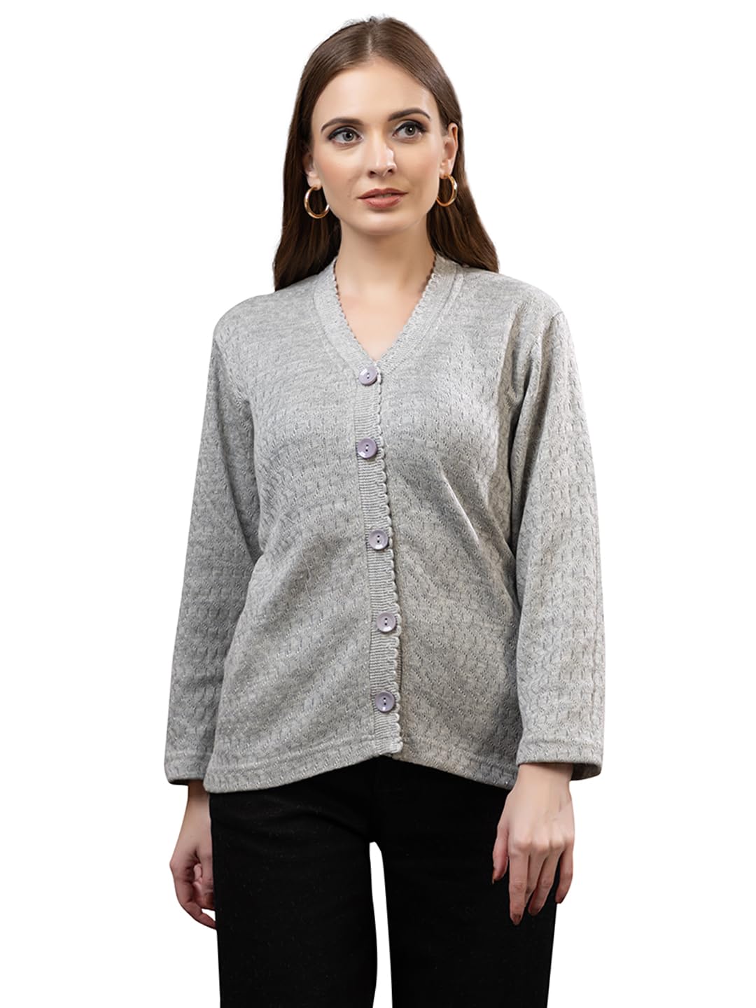 Dadu Dayal Women’s Acrylic Wool V-Neck Cardigan | Lightweight Scallop Border Buttoned Sweater | Winterwear for Women for Office, Travel, Casual Outfits | Stylish Slim Fit