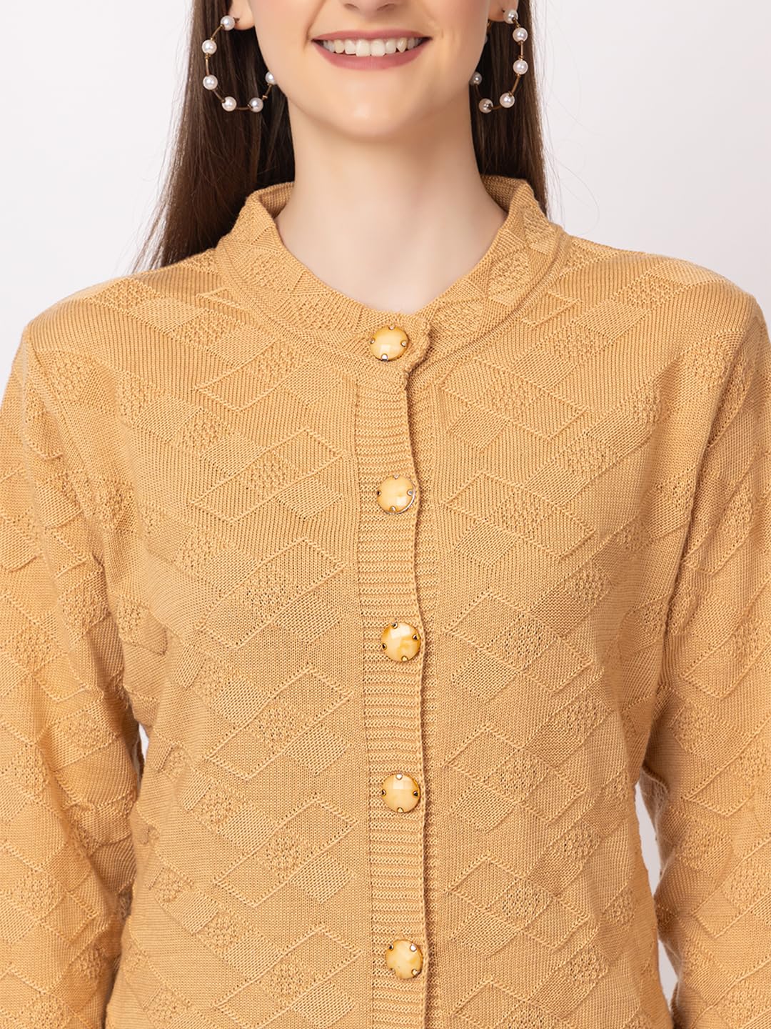 DADU DAYAL Women's Woolen Long Cardigan - Boxes Pattern Winter Coat, Warm & Stylish Knitwear