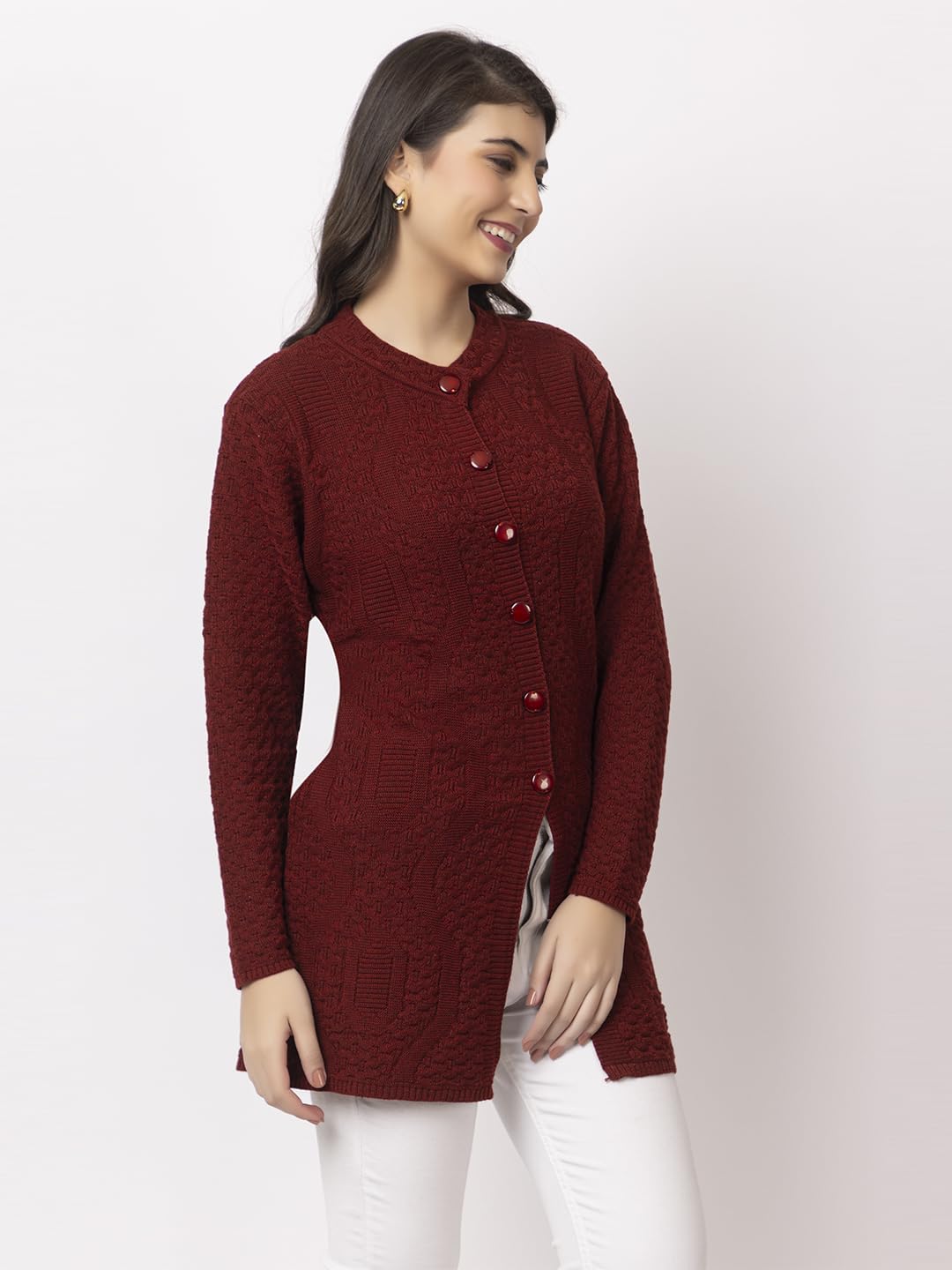 DADU DAYAL Women's Woolen Long Cardigan - Waves Pattern Winter Coat, Warm & Stylish Knitwear