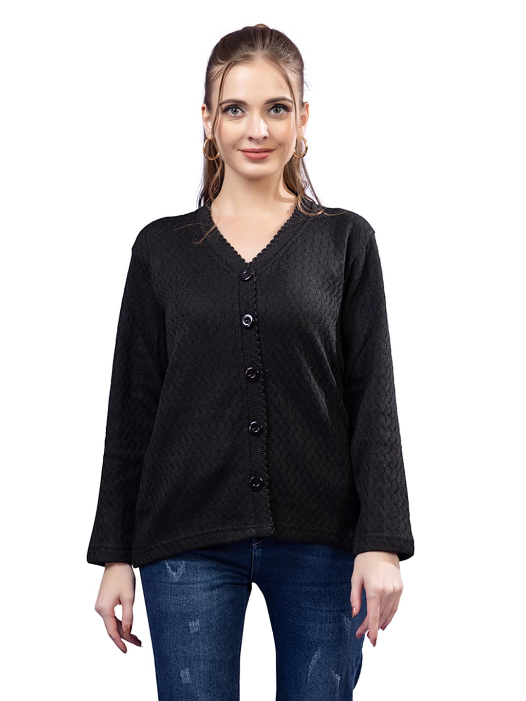 Dadu Dayal Women’s Acrylic Wool V-Neck Cardigan | Lightweight Scallop Border Buttoned Sweater | Winterwear for Women for Office, Travel, Casual Outfits | Stylish Slim Fit