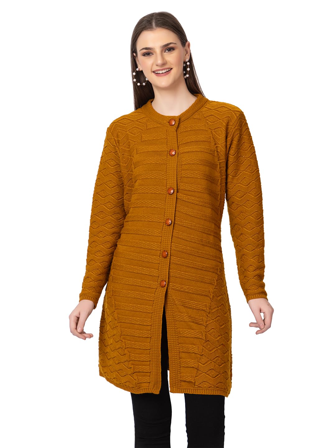 DADU DAYAL Women's Woolen Cardigan - Long Horizontal Lines Geometric Pattern Winter Coat, Warm & Stylish Knitwear