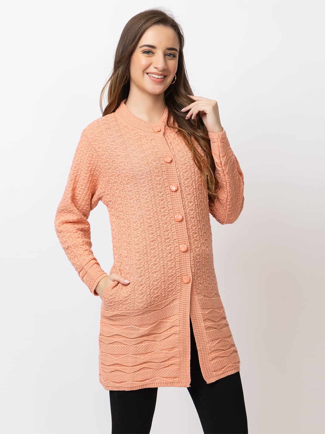 DADU DAYAL Women's Woolen Long Cardigan - Bottom Geometric Pattern Winter Coat, Warm & Stylish Knitwear