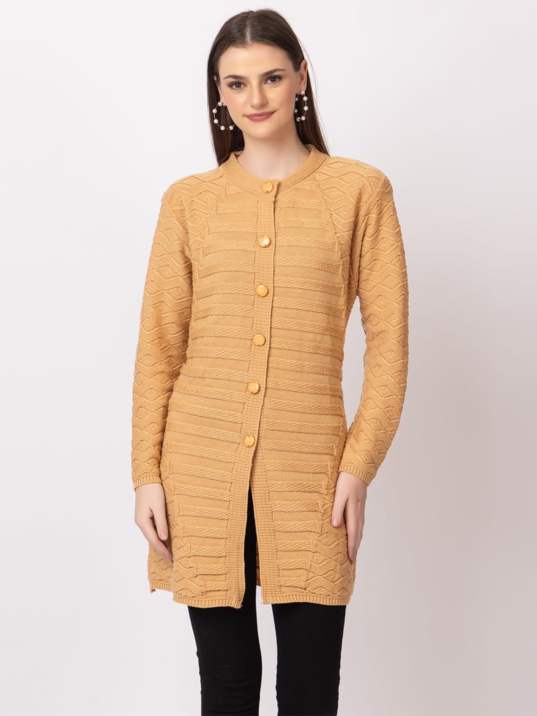 DADU DAYAL Women's Woolen Cardigan - Long Horizontal Lines Geometric Pattern Winter Coat, Warm & Stylish Knitwear