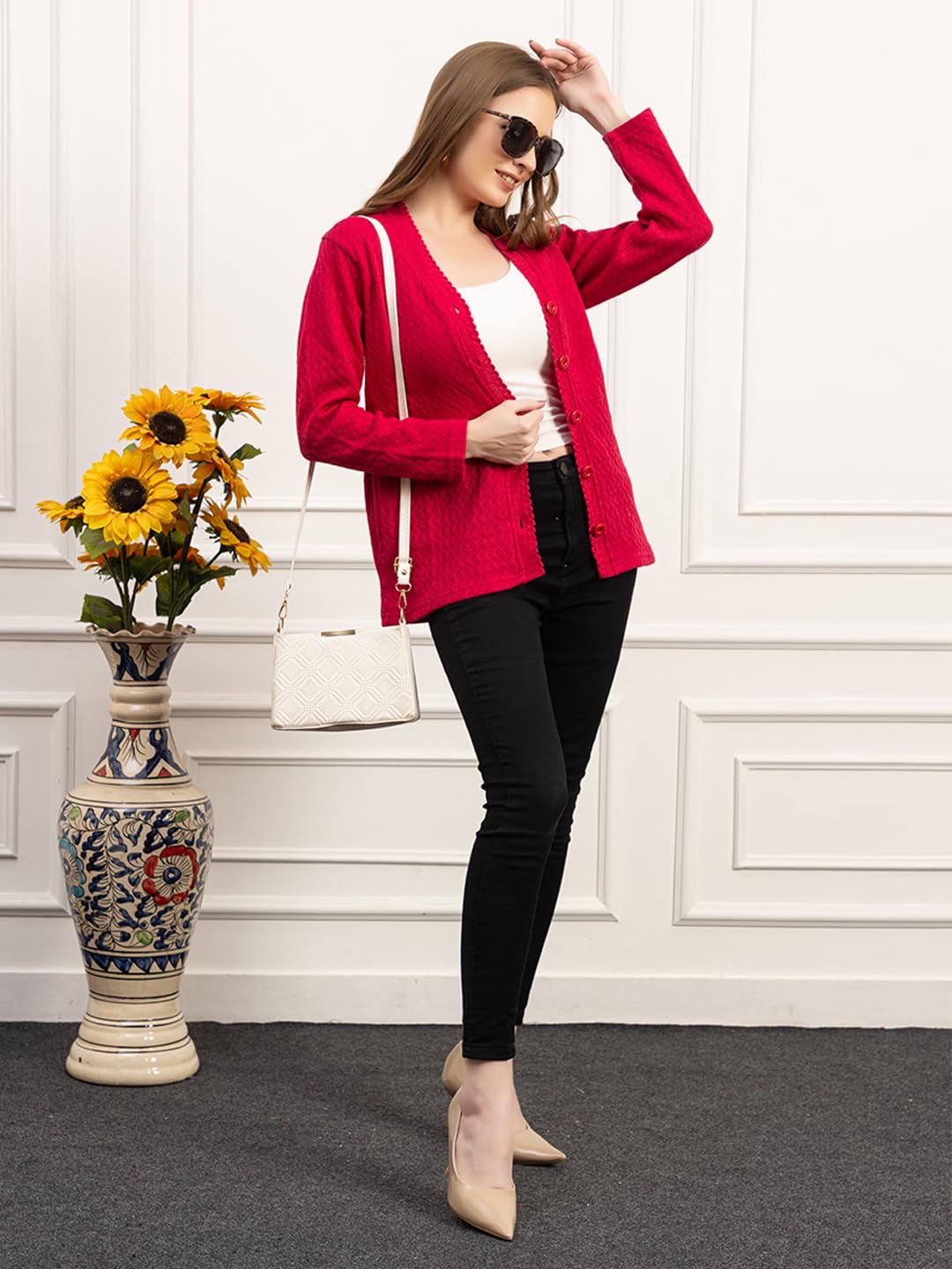 Dadu Dayal Women’s Acrylic Wool V-Neck Cardigan | Lightweight Scallop Border Buttoned Sweater | Winterwear for Women for Office, Travel, Casual Outfits | Stylish Slim Fit