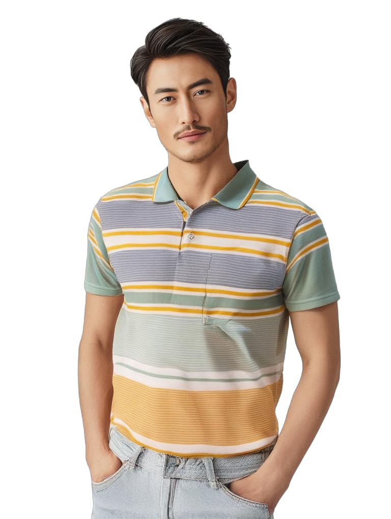Dadu Dayal Men's Polo Shirt – Regular Fit, Short Sleeve, Cotton Blend, Trendy Striped & Color Block Designer Casual Athletic Smart Casual Collared Shirt for Summer