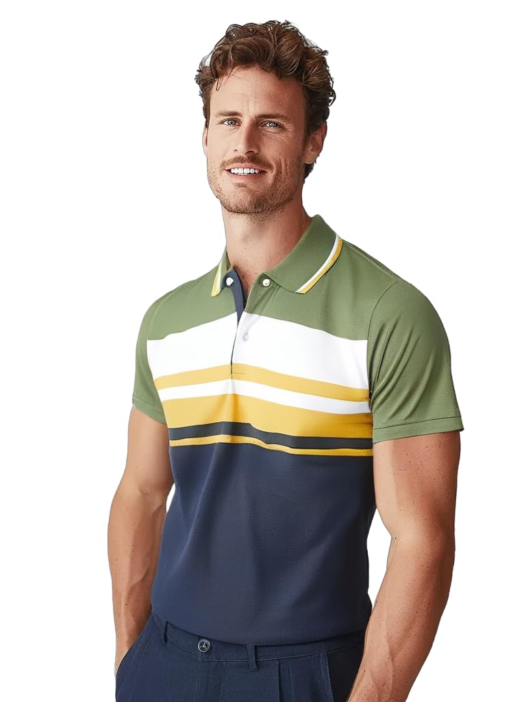 Dadu Dayal Men's Polo Shirt – Regular Fit, Short Sleeve, Cotton Blend, Trendy Striped & Color Block Designer Casual Athletic Smart Casual Collared Shirt for Summer