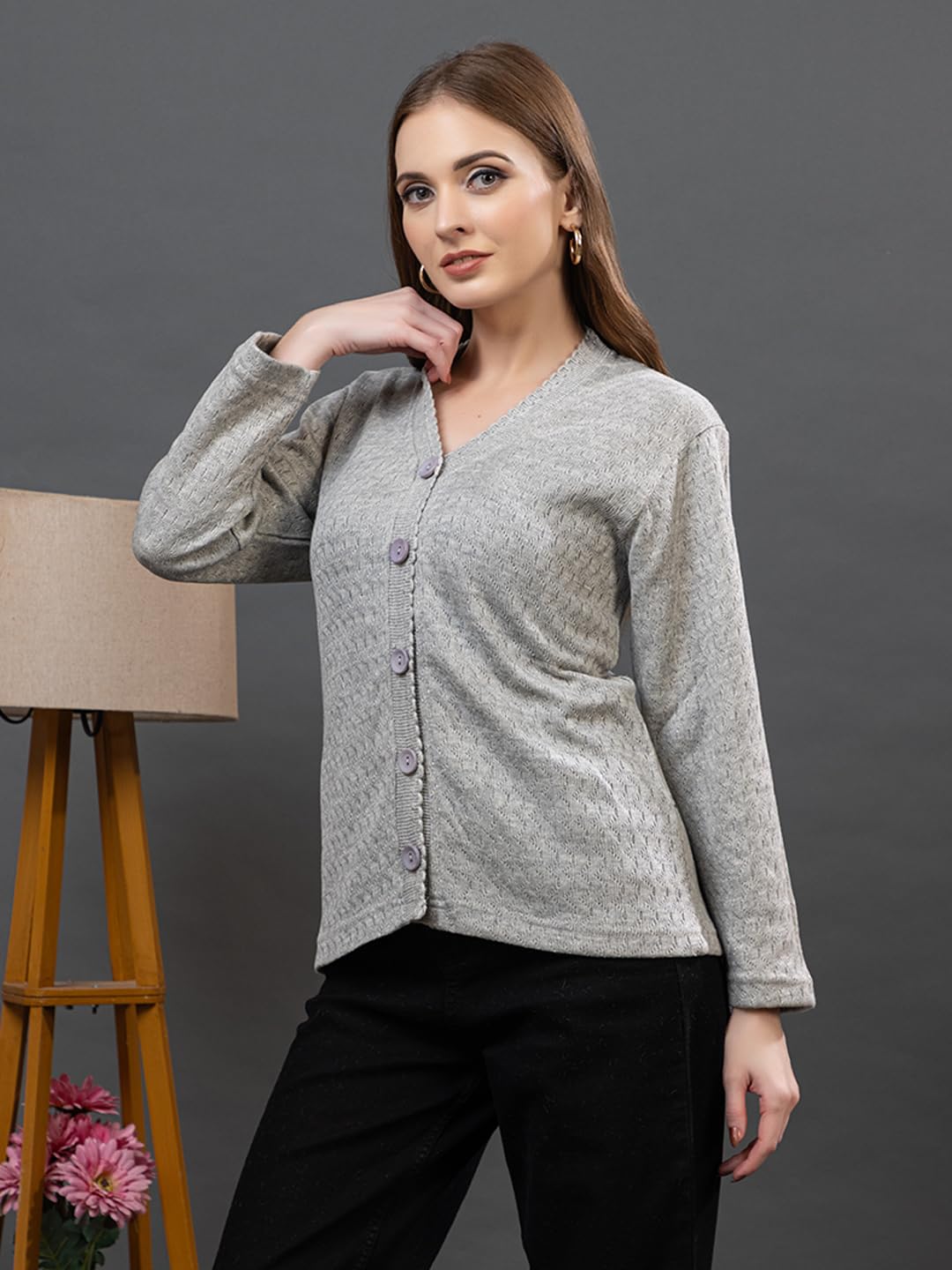 Dadu Dayal Women’s Acrylic Wool V-Neck Cardigan | Lightweight Scallop Border Buttoned Sweater | Winterwear for Women for Office, Travel, Casual Outfits | Stylish Slim Fit