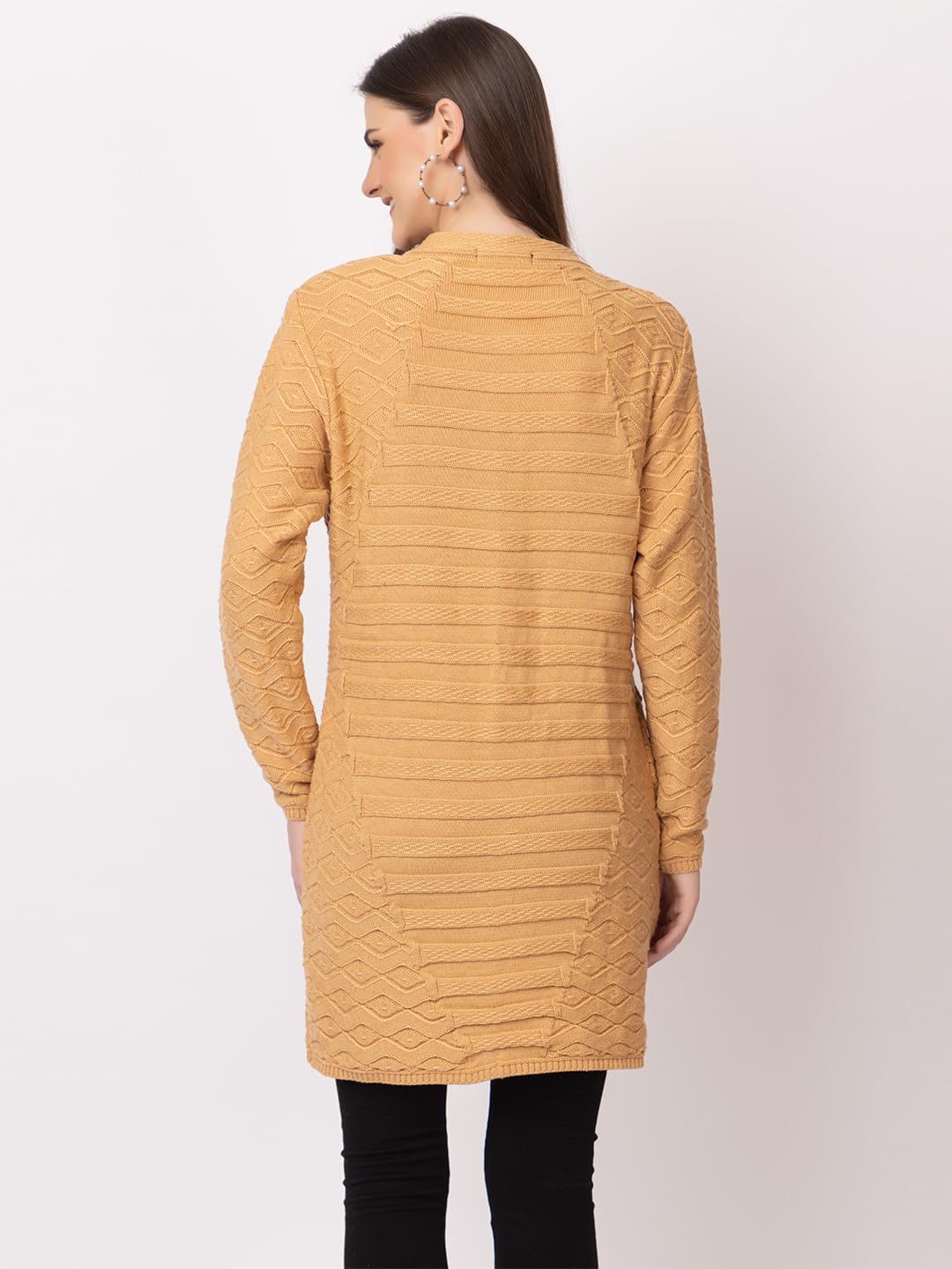 DADU DAYAL Women's Woolen Cardigan - Long Horizontal Lines Geometric Pattern Winter Coat, Warm & Stylish Knitwear