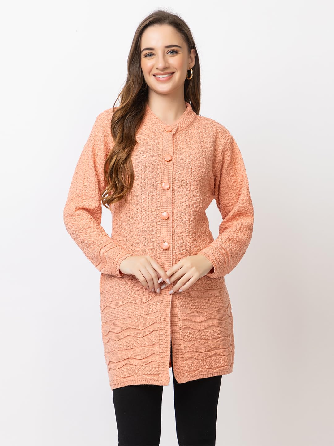 DADU DAYAL Women's Woolen Long Cardigan - Bottom Geometric Pattern Winter Coat, Warm & Stylish Knitwear