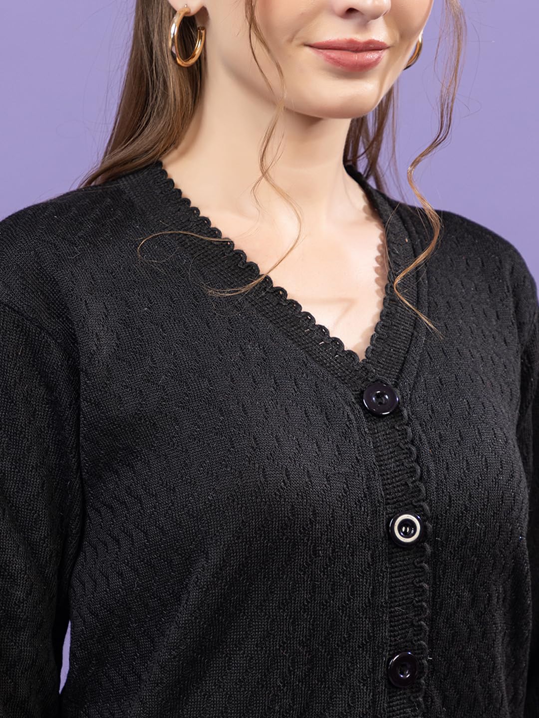 Dadu Dayal Women’s Acrylic Wool V-Neck Cardigan | Lightweight Scallop Border Buttoned Sweater | Winterwear for Women for Office, Travel, Casual Outfits | Stylish Slim Fit