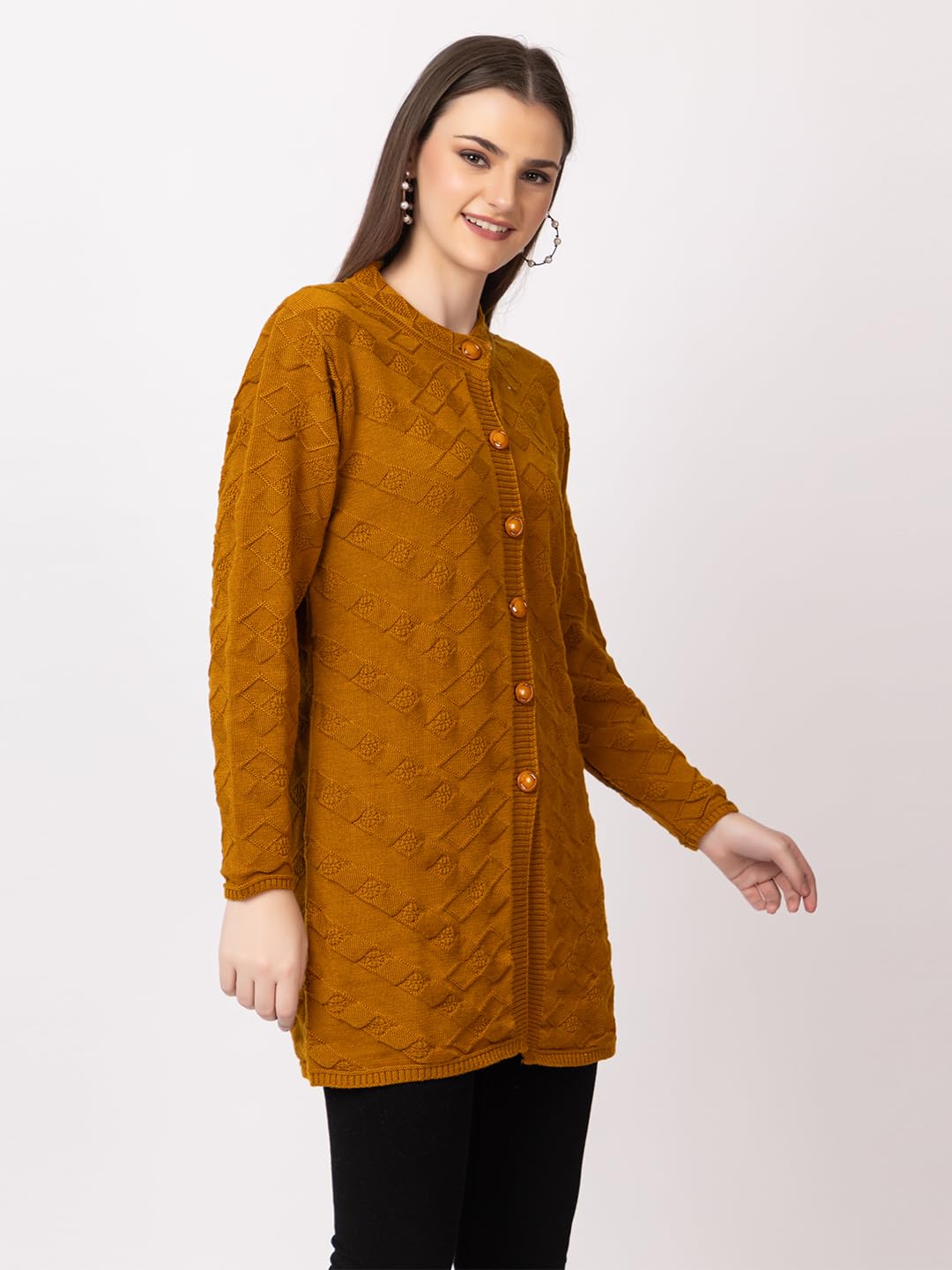 DADU DAYAL Women's Woolen Long Cardigan - Boxes Pattern Winter Coat, Warm & Stylish Knitwear