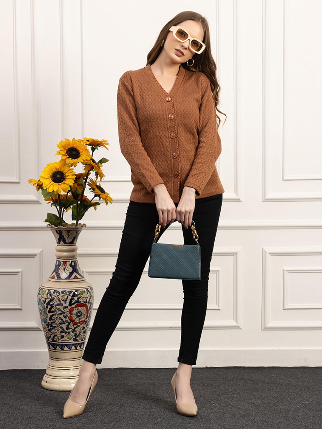 Dadu Dayal Women’s Acrylic Wool V-Neck Cardigan | Lightweight Scallop Border Buttoned Sweater | Winterwear for Women for Office, Travel, Casual Outfits | Stylish Slim Fit