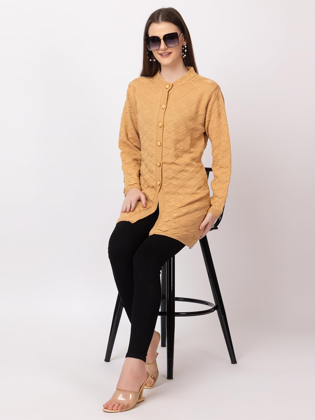 DADU DAYAL Women's Woolen Long Cardigan - Boxes Pattern Winter Coat, Warm & Stylish Knitwear