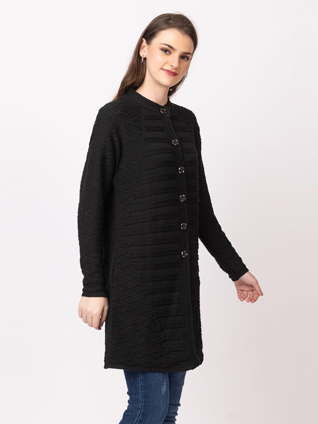 DADU DAYAL Women's Woolen Cardigan - Long Horizontal Lines Geometric Pattern Winter Coat, Warm & Stylish Knitwear
