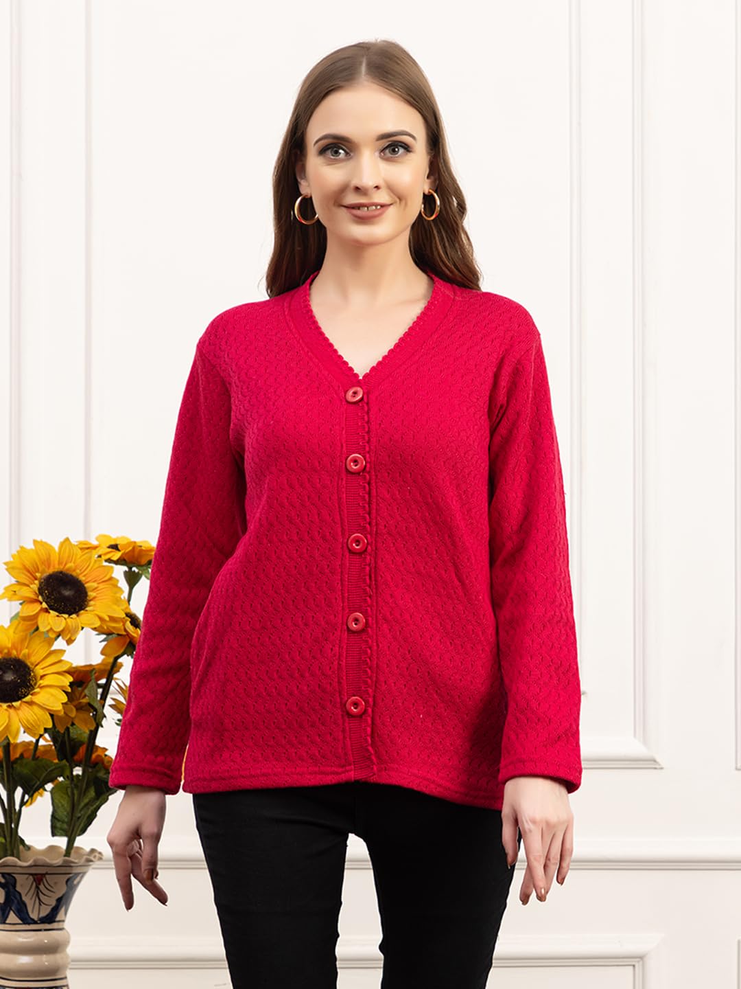 Dadu Dayal Women’s Acrylic Wool V-Neck Cardigan | Lightweight Scallop Border Buttoned Sweater | Winterwear for Women for Office, Travel, Casual Outfits | Stylish Slim Fit