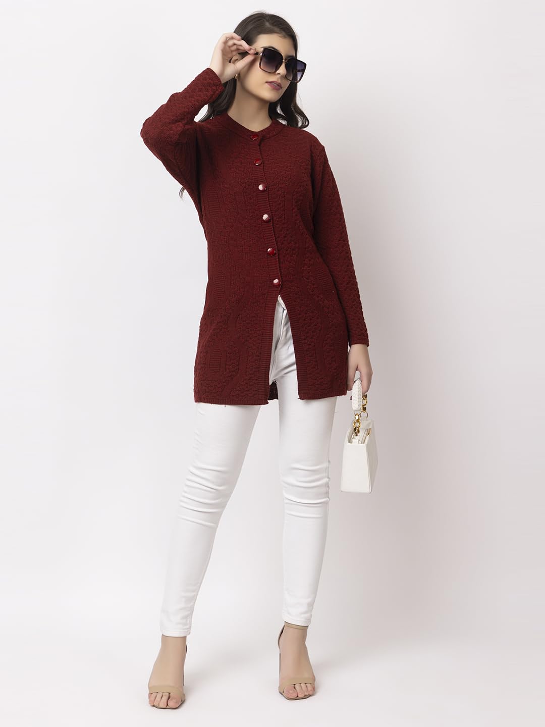 DADU DAYAL Women's Woolen Long Cardigan - Waves Pattern Winter Coat, Warm & Stylish Knitwear