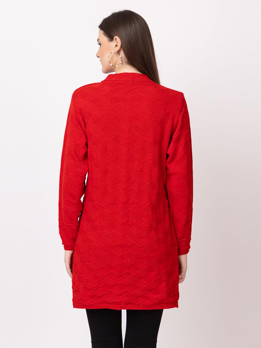 DADU DAYAL Women's Woolen Long Cardigan - Boxes Pattern Winter Coat, Warm & Stylish Knitwear