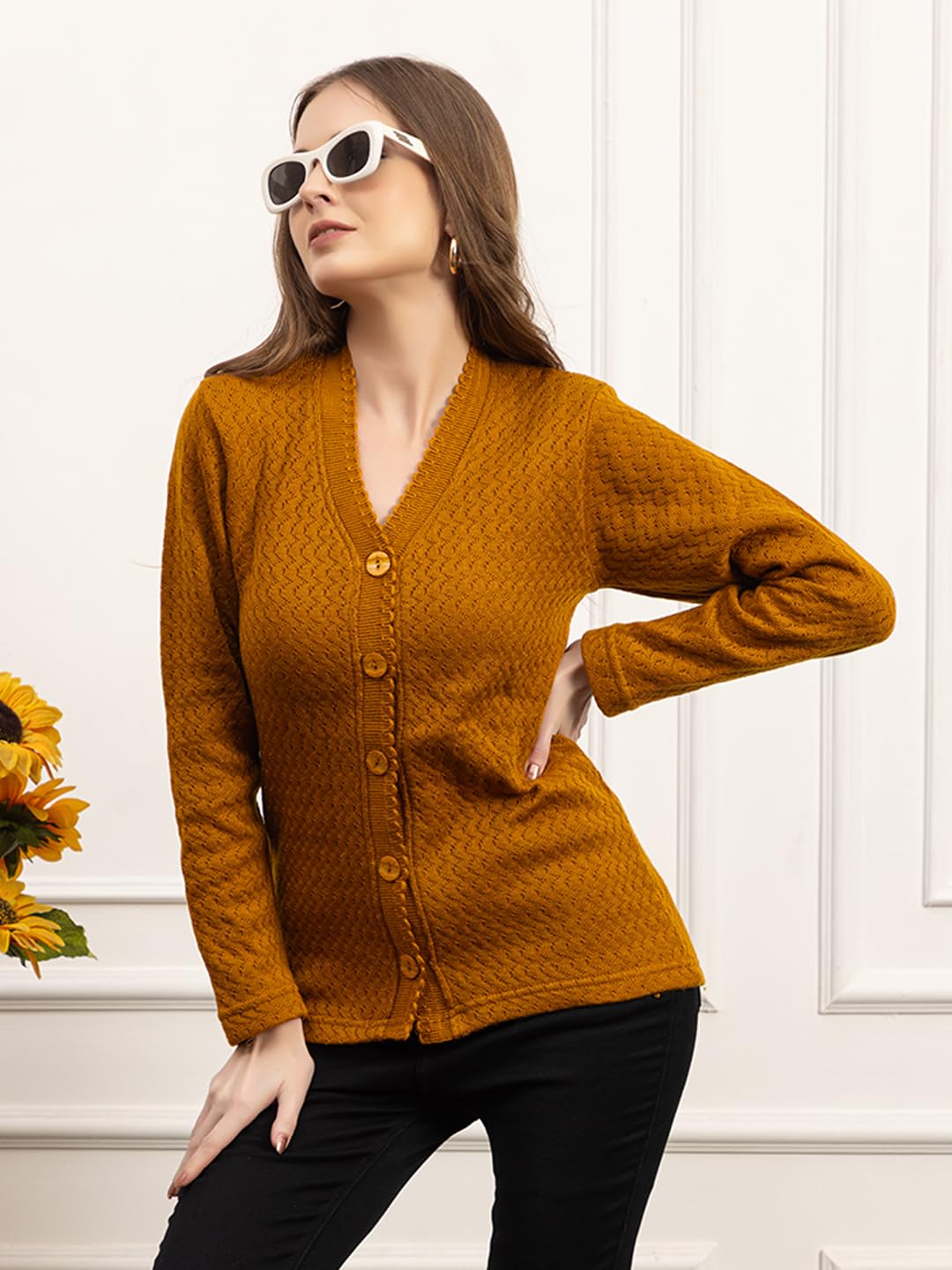 Dadu Dayal Women’s Acrylic Wool V-Neck Cardigan | Lightweight Scallop Border Buttoned Sweater | Winterwear for Women for Office, Travel, Casual Outfits | Stylish Slim Fit
