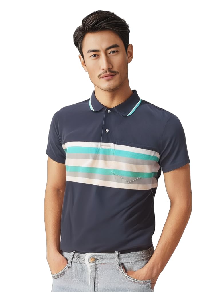 Dadu Dayal Men's Polo Shirt – Regular Fit, Short Sleeve, Cotton Blend, Trendy Striped & Color Block Designer Casual Athletic Smart Casual Collared Shirt for Summer