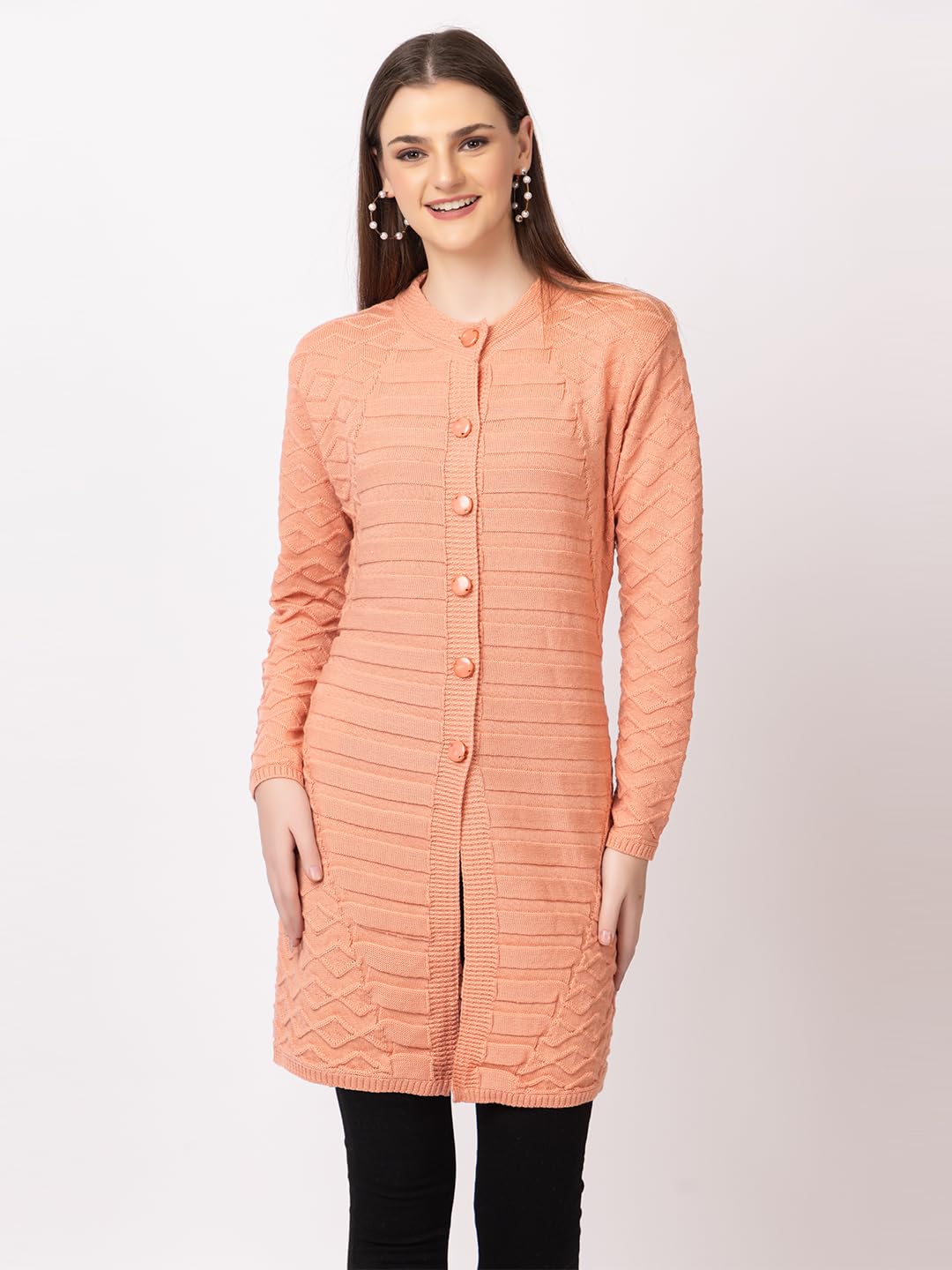 DADU DAYAL Women's Woolen Cardigan - Long Horizontal Lines Geometric Pattern Winter Coat, Warm & Stylish Knitwear