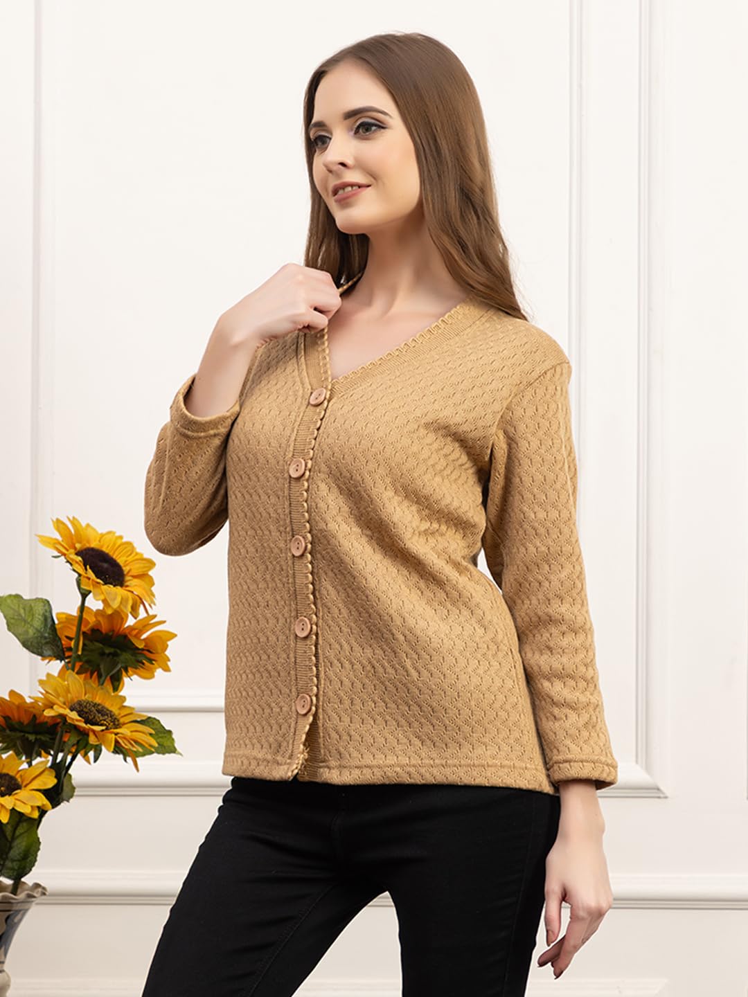 Dadu Dayal Women’s Acrylic Wool V-Neck Cardigan | Lightweight Scallop Border Buttoned Sweater | Winterwear for Women for Office, Travel, Casual Outfits | Stylish Slim Fit