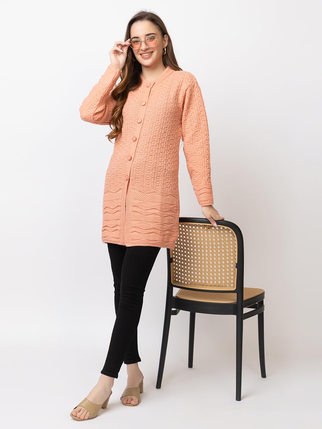 DADU DAYAL Women's Woolen Long Cardigan - Bottom Geometric Pattern Winter Coat, Warm & Stylish Knitwear