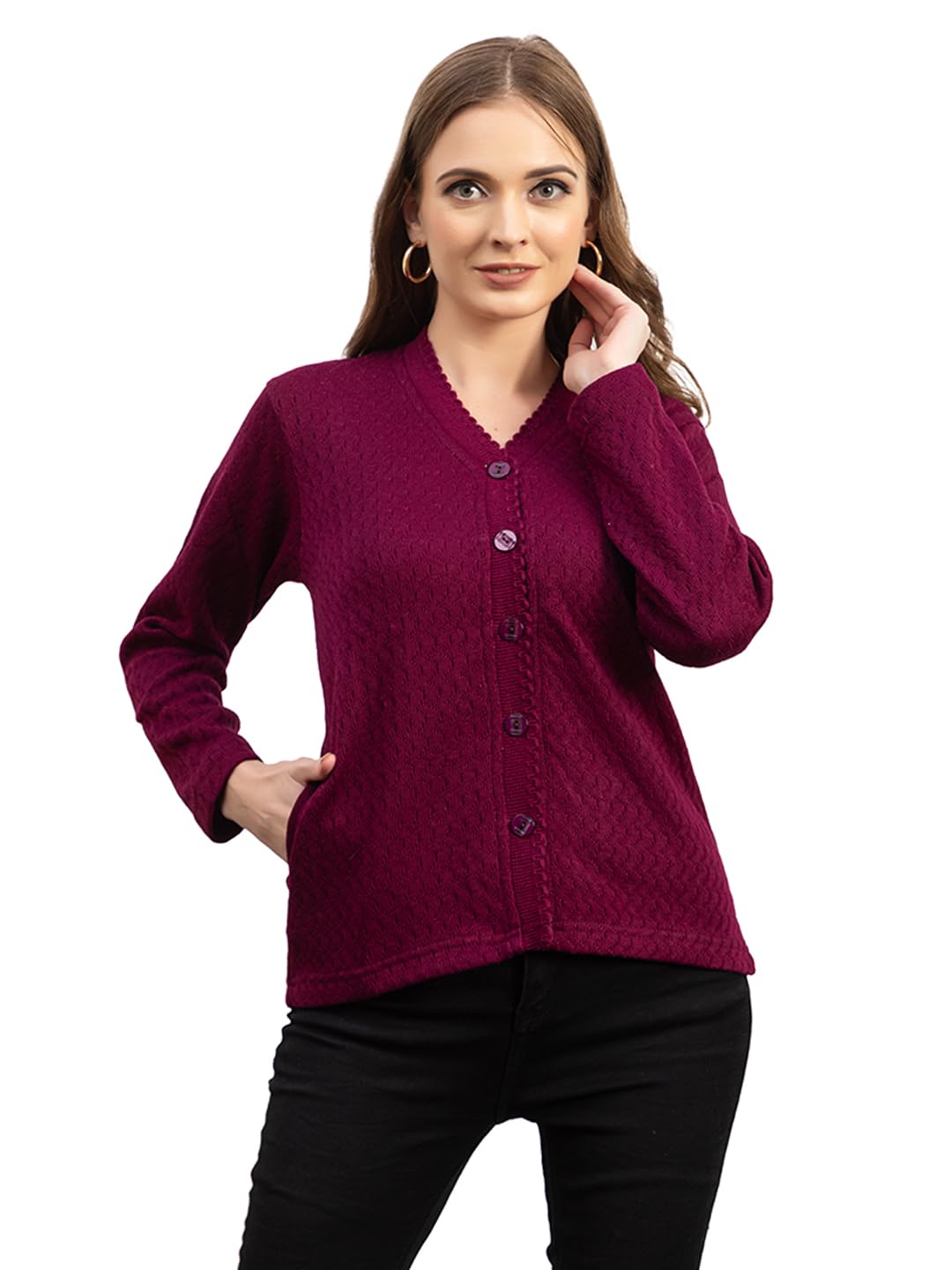 Dadu Dayal Women’s Acrylic Wool V-Neck Cardigan | Lightweight Scallop Border Buttoned Sweater | Winterwear for Women for Office, Travel, Casual Outfits | Stylish Slim Fit