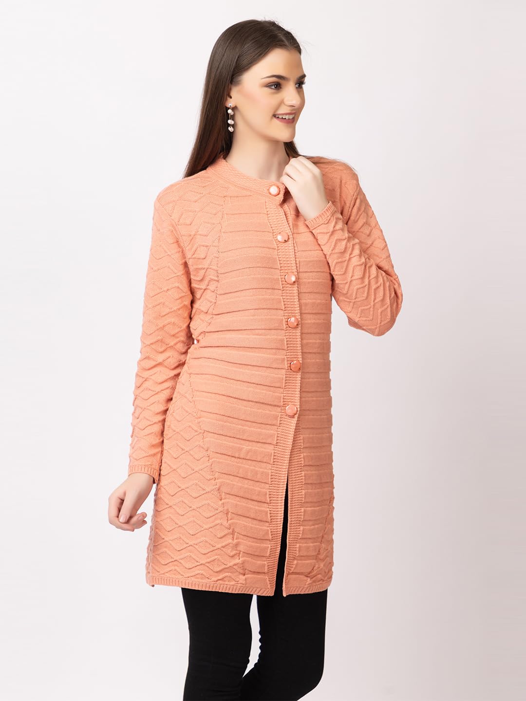 DADU DAYAL Women's Woolen Cardigan - Long Horizontal Lines Geometric Pattern Winter Coat, Warm & Stylish Knitwear