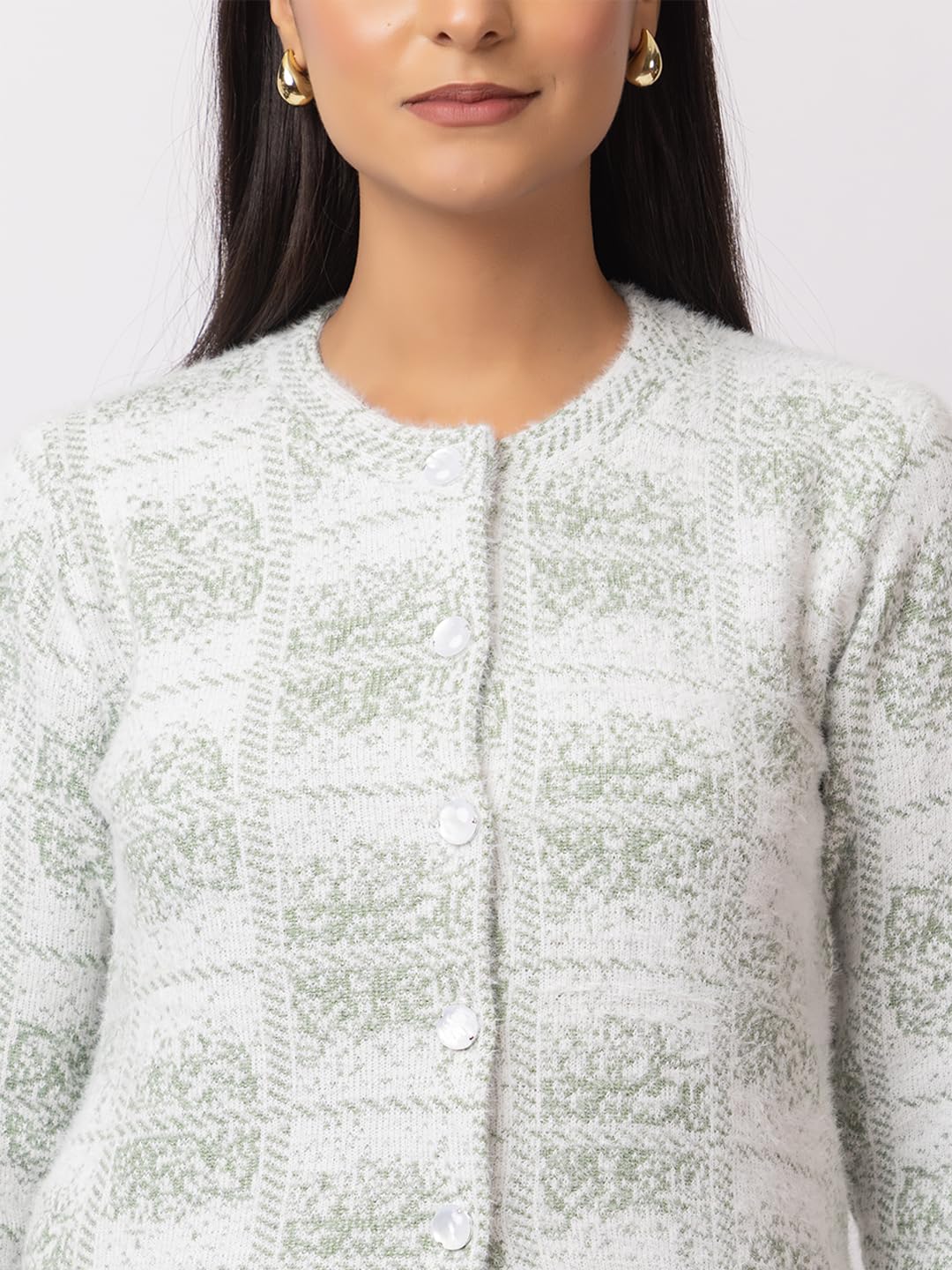 Dadu Dayal Checkered Women's Premium Woolen Cardigan - Stylish Winter Sweater, Full Sleeve, Soft & Warm Knitwear with Elegant Design for Comfort & Style Green