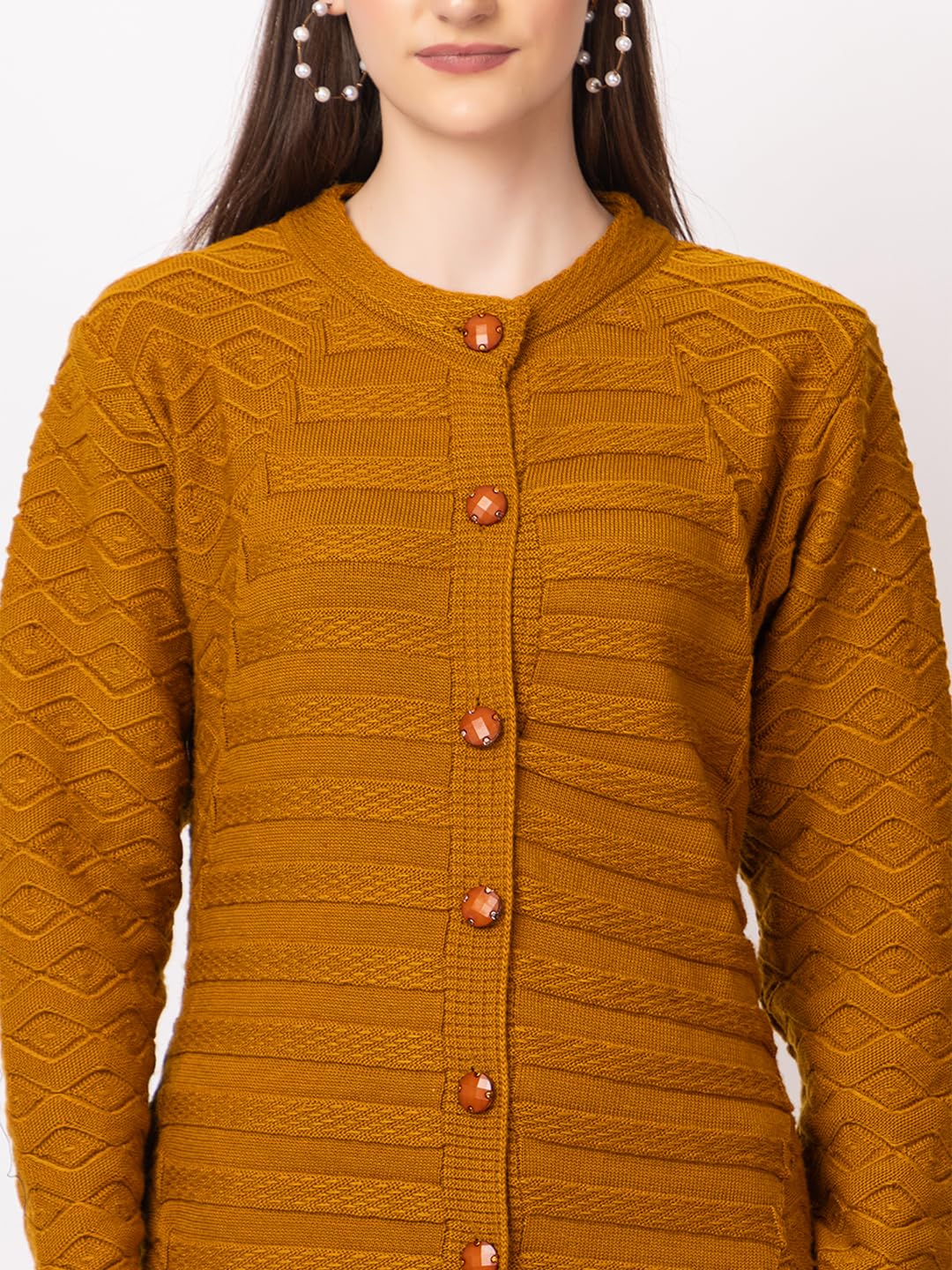 DADU DAYAL Women's Woolen Cardigan - Long Horizontal Lines Geometric Pattern Winter Coat, Warm & Stylish Knitwear