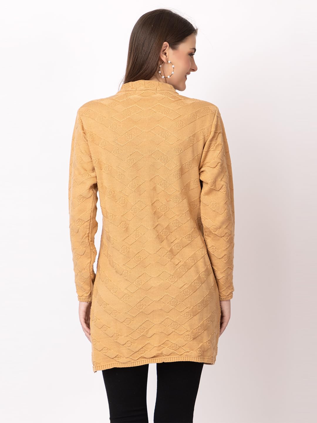 DADU DAYAL Women's Woolen Long Cardigan - Boxes Pattern Winter Coat, Warm & Stylish Knitwear