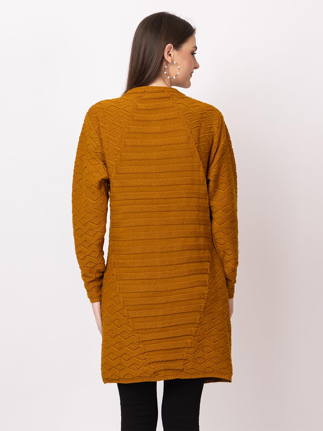 DADU DAYAL Women's Woolen Cardigan - Long Horizontal Lines Geometric Pattern Winter Coat, Warm & Stylish Knitwear