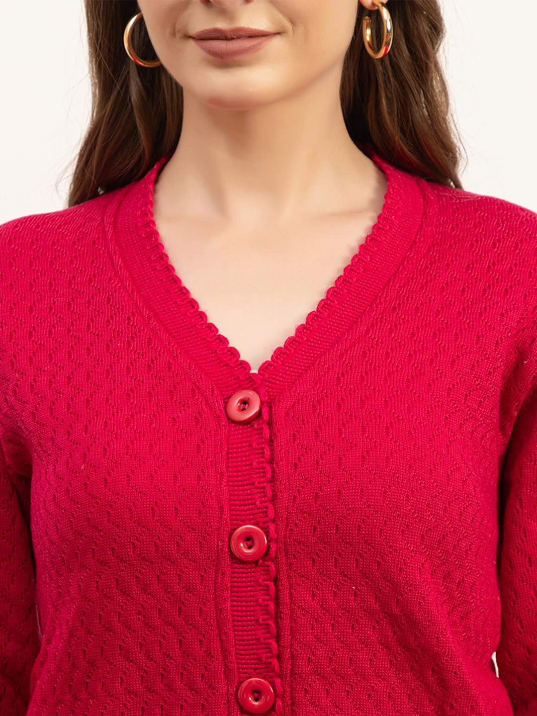 Dadu Dayal Women’s Acrylic Wool V-Neck Cardigan | Lightweight Scallop Border Buttoned Sweater | Winterwear for Women for Office, Travel, Casual Outfits | Stylish Slim Fit