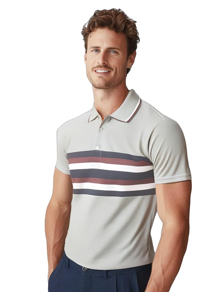 Dadu Dayal Men's Polo Shirt – Regular Fit, Short Sleeve, Cotton Blend, Trendy Striped & Color Block Designer Casual Athletic Smart Casual Collared Shirt for Summer