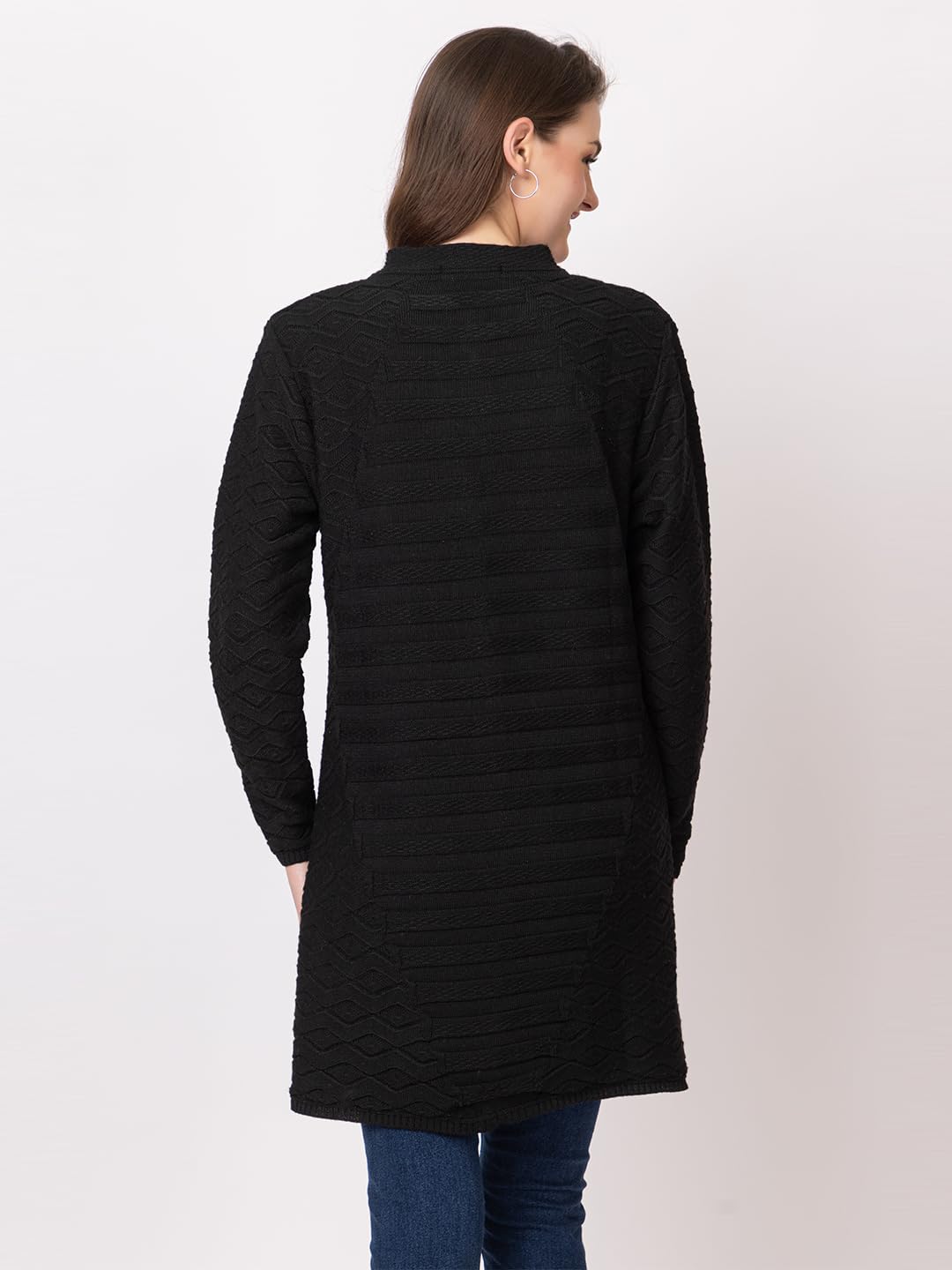 DADU DAYAL Women's Woolen Cardigan - Long Horizontal Lines Geometric Pattern Winter Coat, Warm & Stylish Knitwear