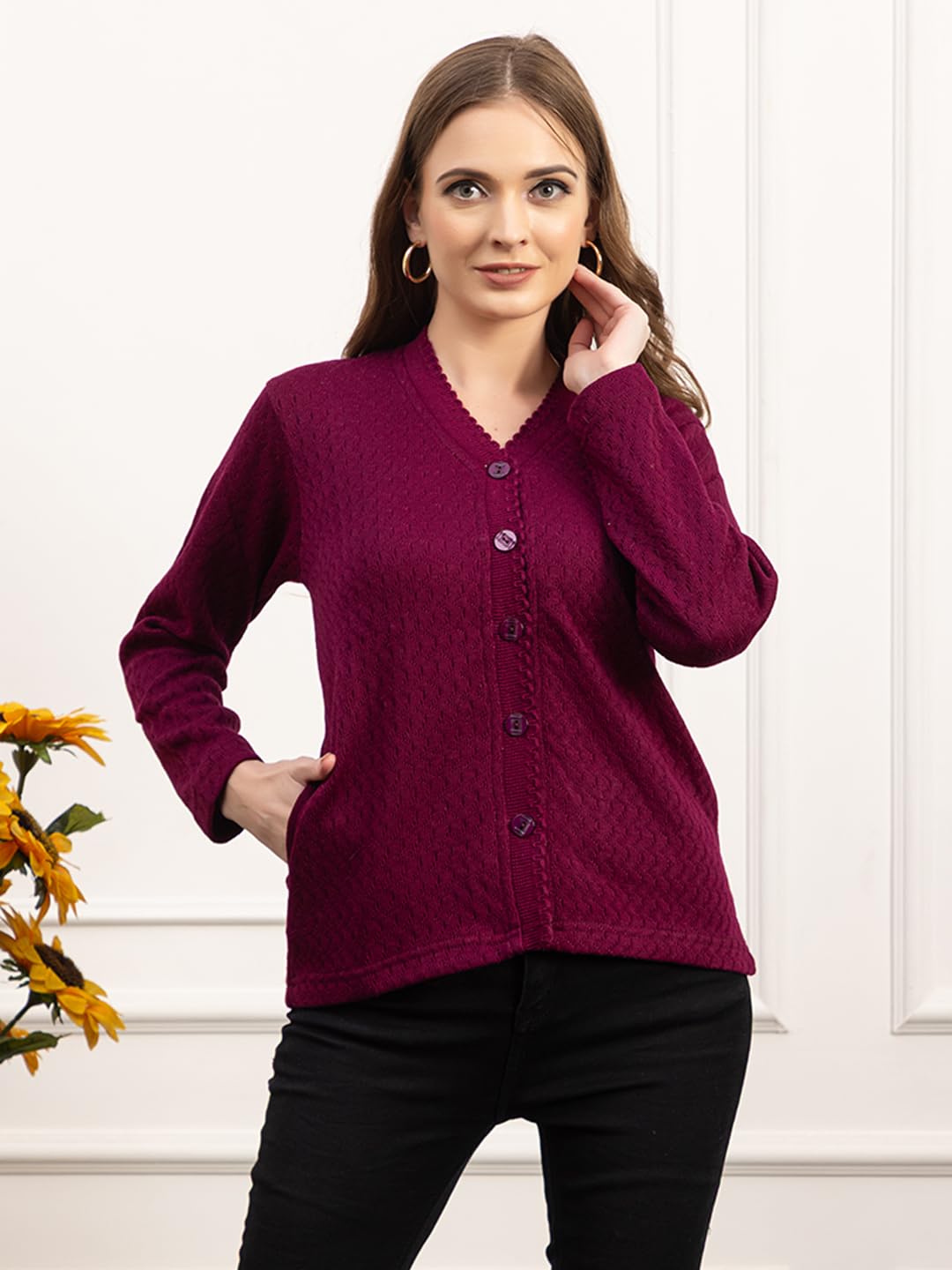 Dadu Dayal Women’s Acrylic Wool V-Neck Cardigan | Lightweight Scallop Border Buttoned Sweater | Winterwear for Women for Office, Travel, Casual Outfits | Stylish Slim Fit