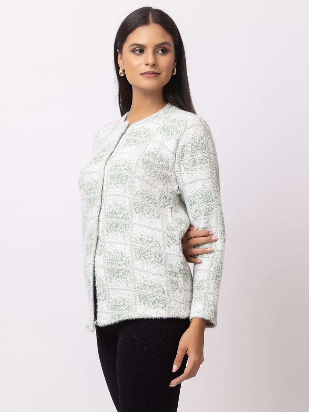 Dadu Dayal Checkered Women's Premium Woolen Cardigan - Stylish Winter Sweater, Full Sleeve, Soft & Warm Knitwear with Elegant Design for Comfort & Style Green