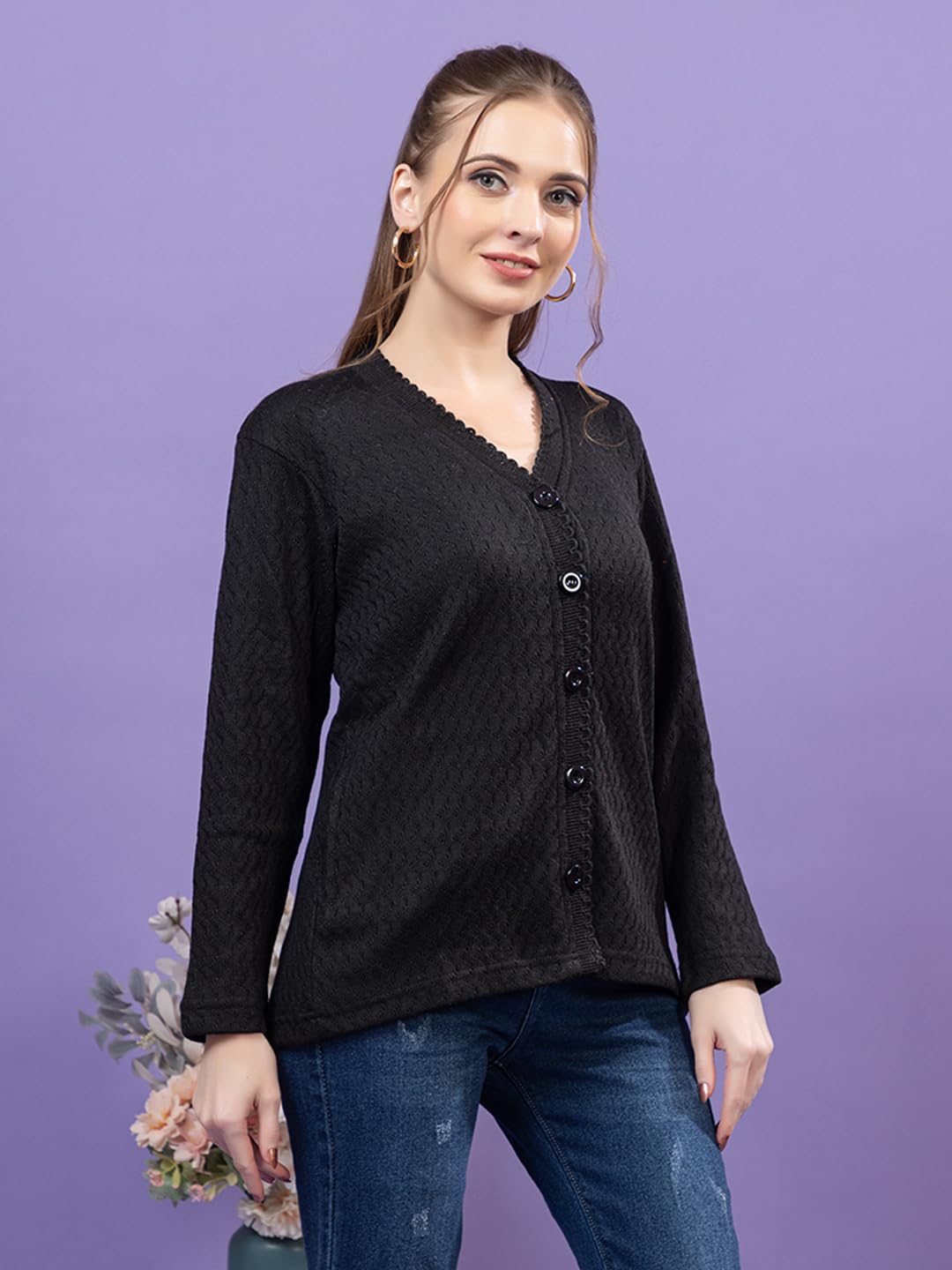Dadu Dayal Women’s Acrylic Wool V-Neck Cardigan | Lightweight Scallop Border Buttoned Sweater | Winterwear for Women for Office, Travel, Casual Outfits | Stylish Slim Fit