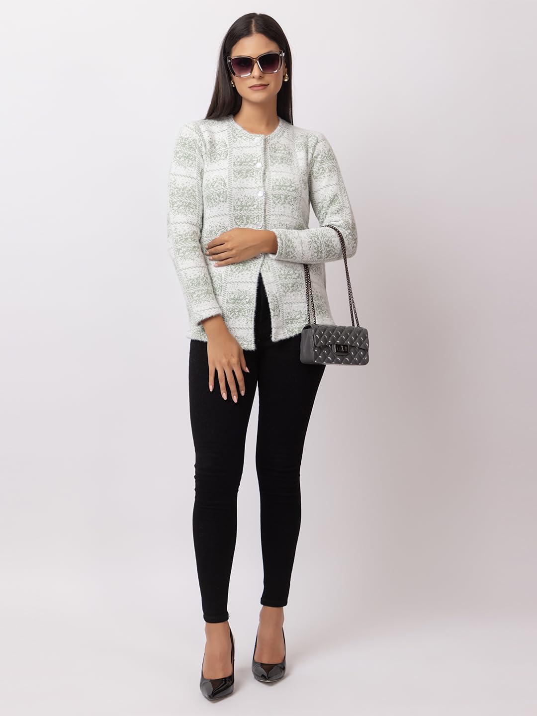 Dadu Dayal Checkered Women's Premium Woolen Cardigan - Stylish Winter Sweater, Full Sleeve, Soft & Warm Knitwear with Elegant Design for Comfort & Style Green