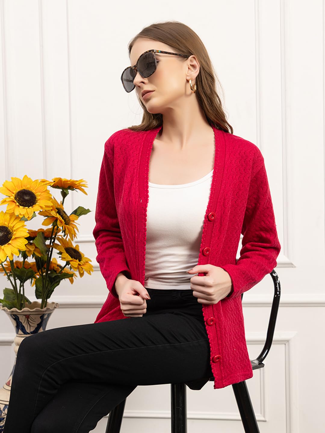 Dadu Dayal Women’s Acrylic Wool V-Neck Cardigan | Lightweight Scallop Border Buttoned Sweater | Winterwear for Women for Office, Travel, Casual Outfits | Stylish Slim Fit