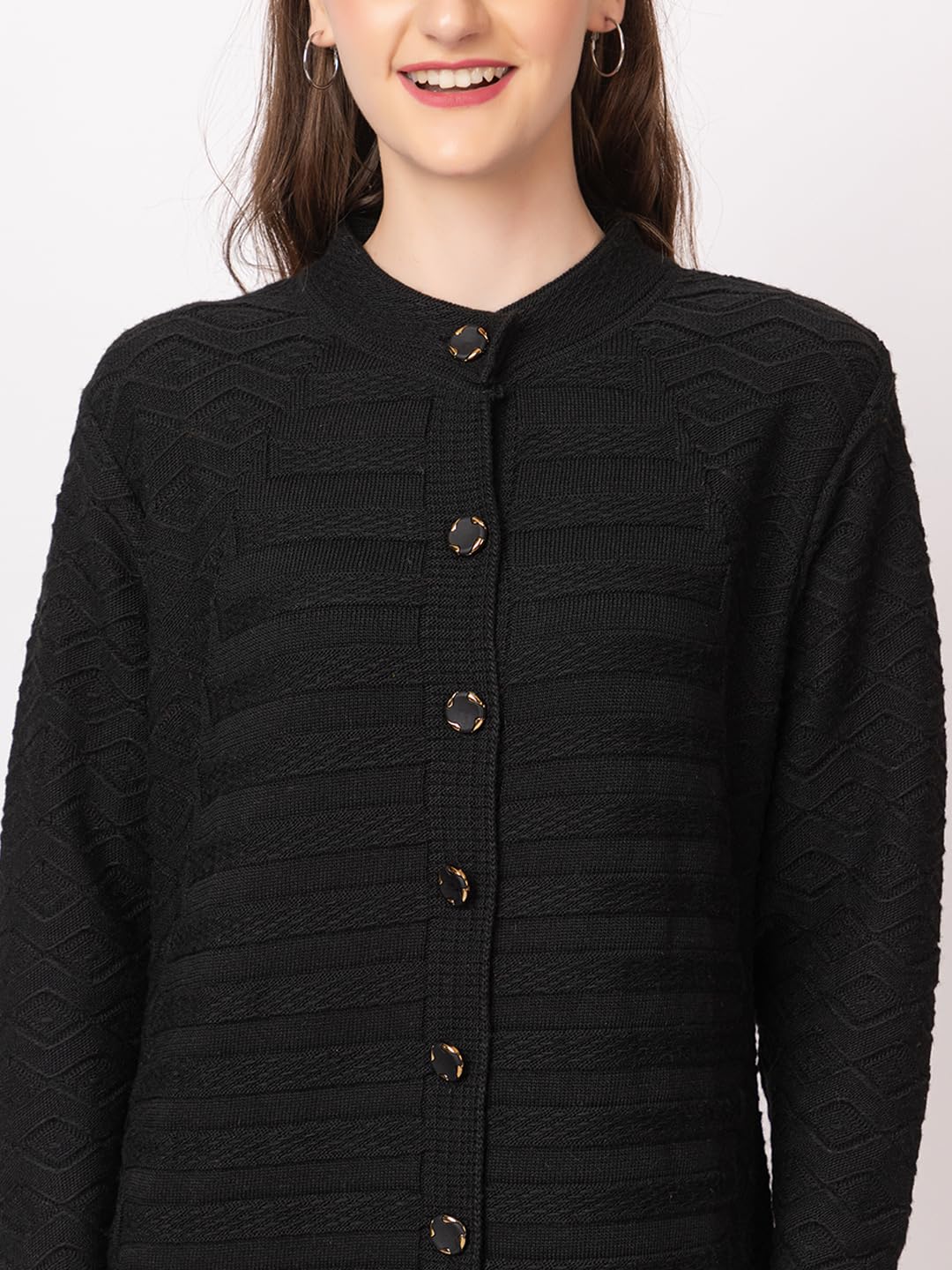 DADU DAYAL Women's Woolen Cardigan - Long Horizontal Lines Geometric Pattern Winter Coat, Warm & Stylish Knitwear