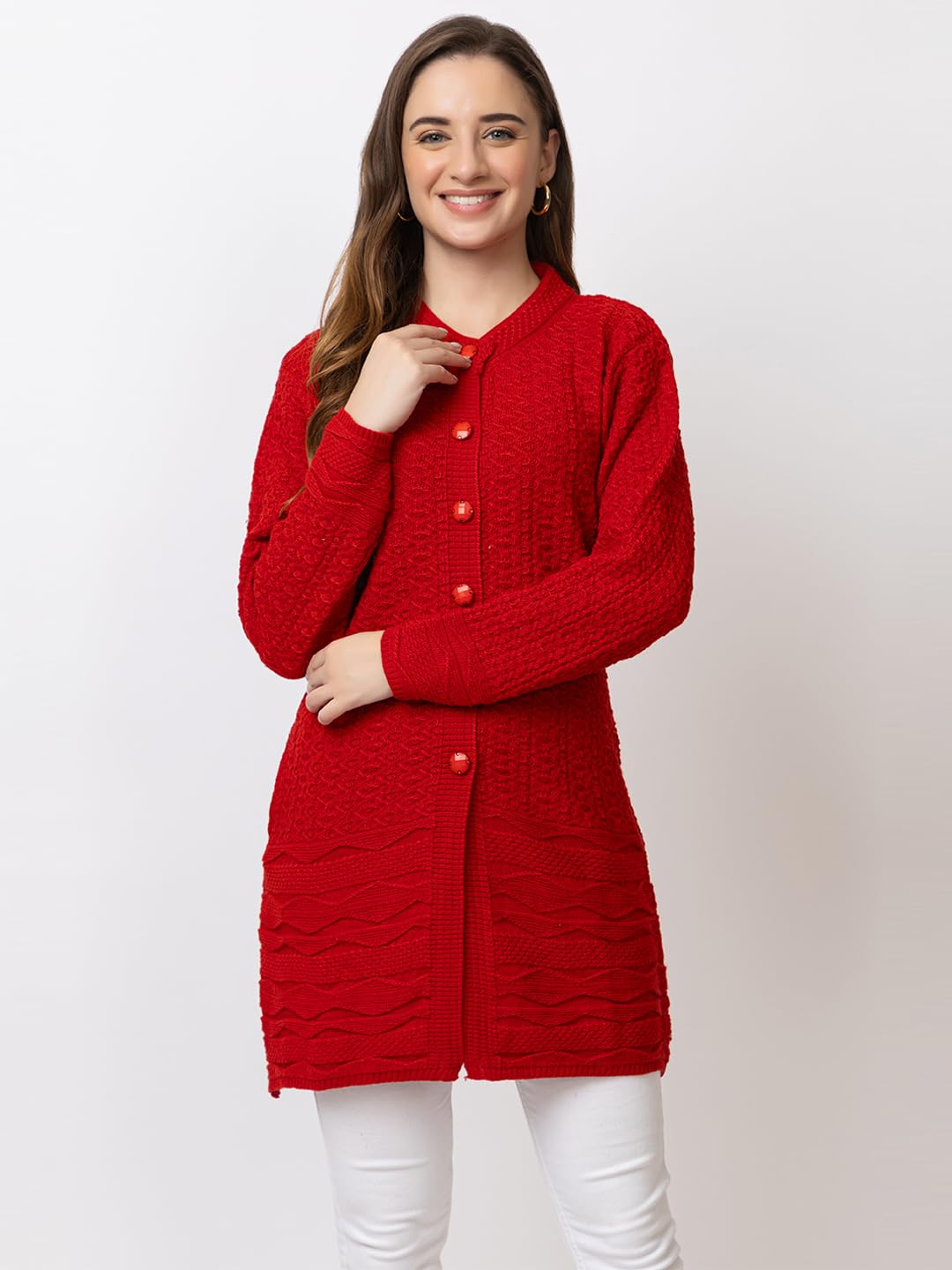 DADU DAYAL Women's Woolen Long Cardigan - Bottom Geometric Pattern Winter Coat, Warm & Stylish Knitwear
