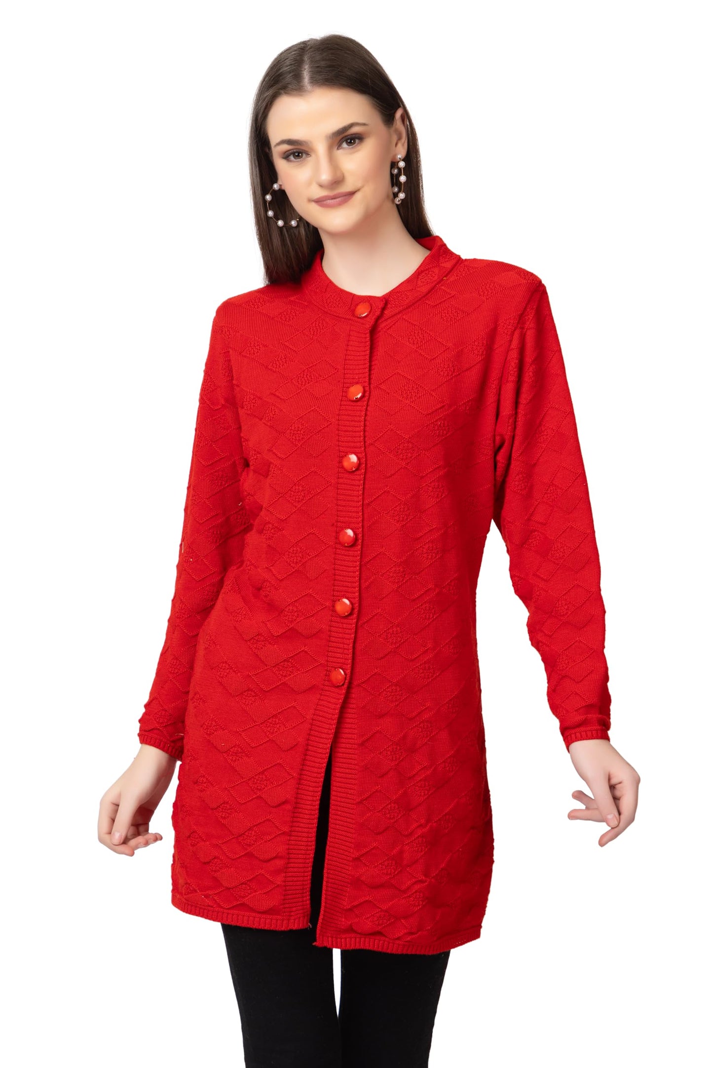 DADU DAYAL Women's Woolen Long Cardigan - Boxes Pattern Winter Coat, Warm & Stylish Knitwear